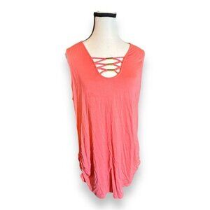 Women’s XL Strappy Bust Gold Detail Ruched Side Coral Pink Sleeveless Tunic